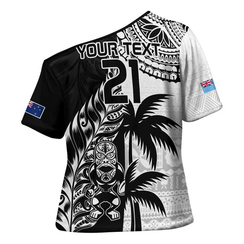 Fiji New Zealand Rugby Personalised Cross Shoulder Shirt Maori and Tapa Pattern - Aussie Hoodie