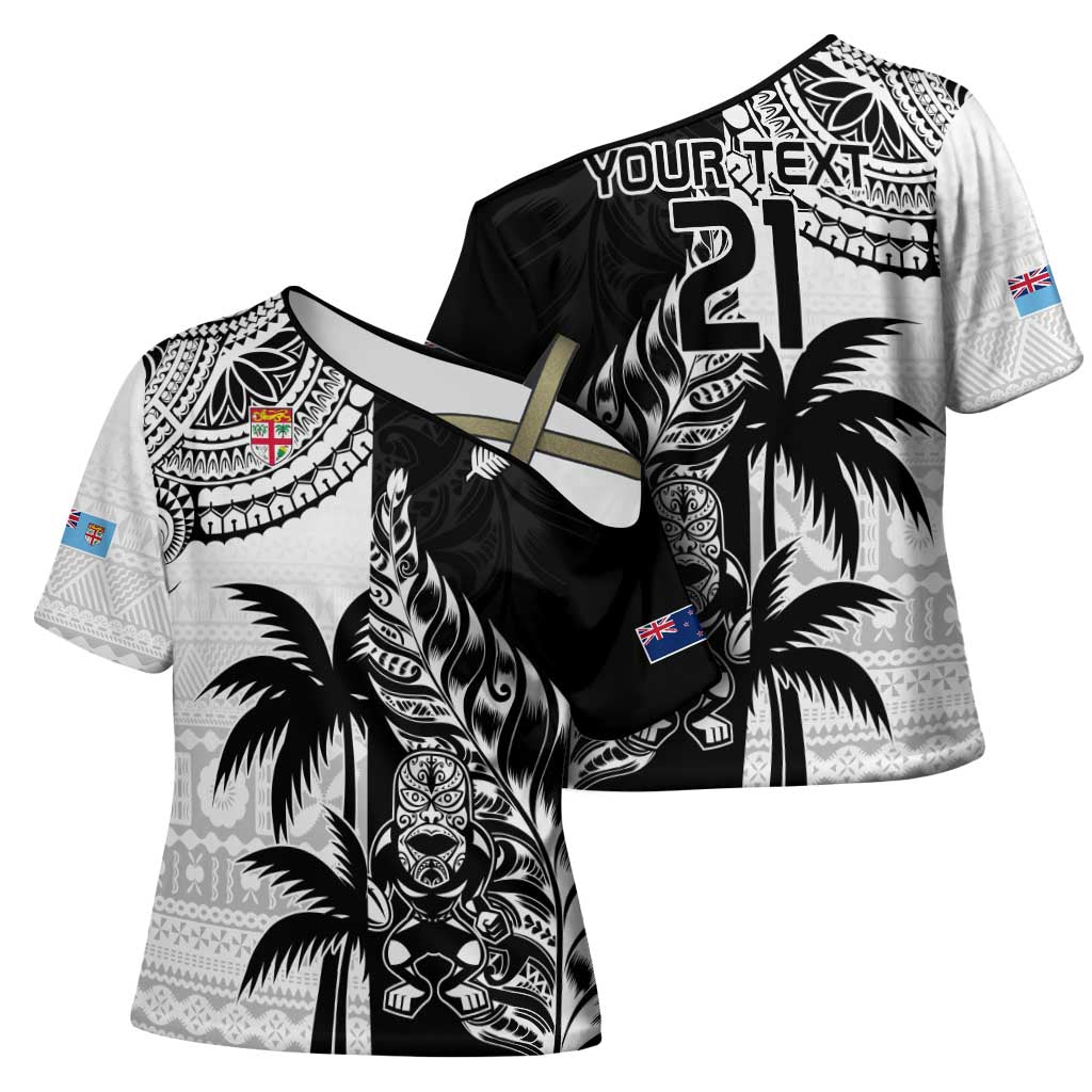 Fiji New Zealand Rugby Personalised Cross Shoulder Shirt Maori and Tapa Pattern - Aussie Hoodie