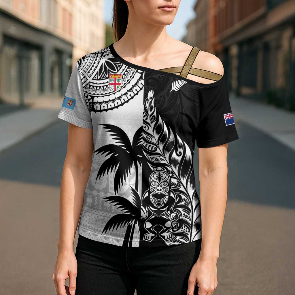 Fiji New Zealand Rugby Personalised Cross Shoulder Shirt Maori and Tapa Pattern - Aussie Hoodie