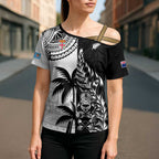 Fiji New Zealand Rugby Personalised Cross Shoulder Shirt Maori and Tapa Pattern - Aussie Hoodie