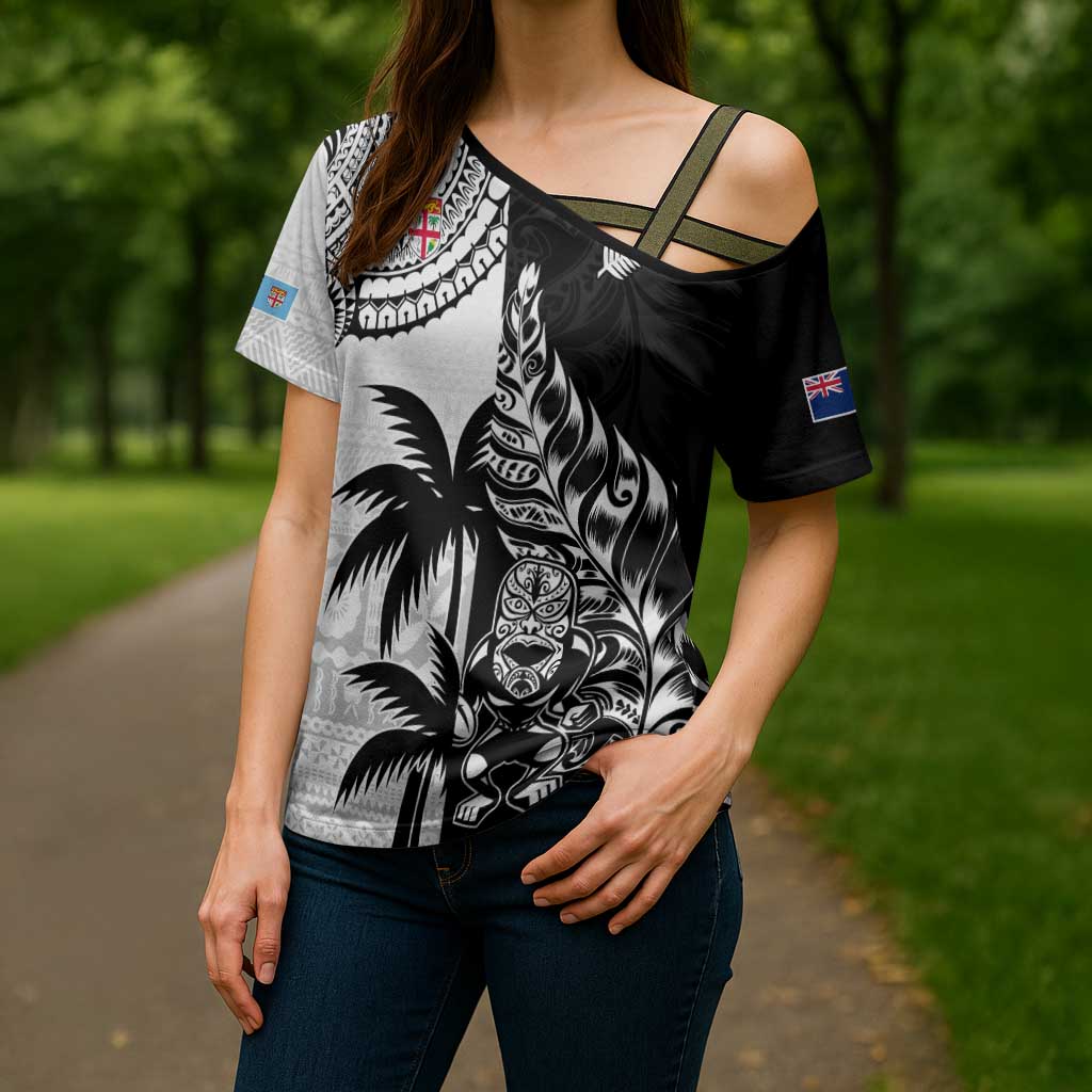 Fiji New Zealand Rugby Personalised Cross Shoulder Shirt Maori and Tapa Pattern - Aussie Hoodie