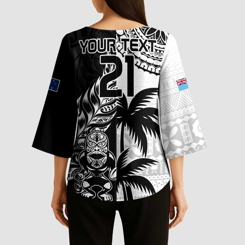 Fiji New Zealand Rugby Personalised Kimono Sleeve Blouse Maori and Tapa Pattern - Aussie Hoodie