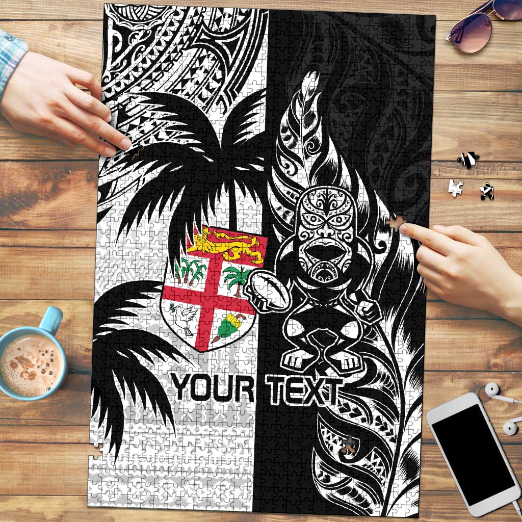 Fiji New Zealand Rugby Personalised Puzzle Maori and Tapa Pattern - Aussie Hoodie