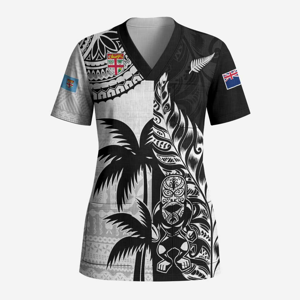 Fiji New Zealand Rugby Personalised Scrub Top Maori and Tapa Pattern - Aussie Hoodie