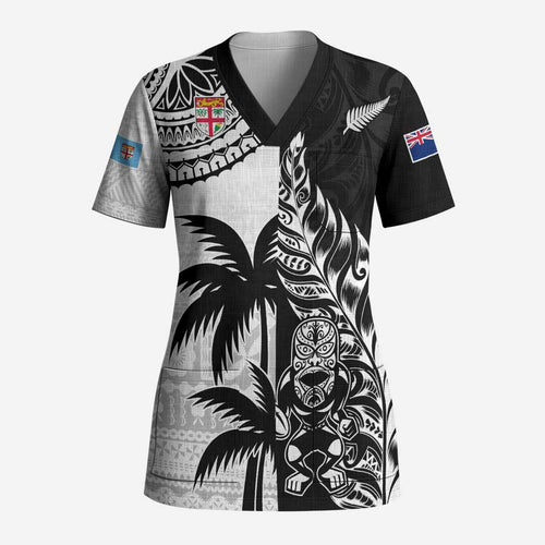 Fiji New Zealand Rugby Personalised Scrub Top Maori and Tapa Pattern - Aussie Hoodie