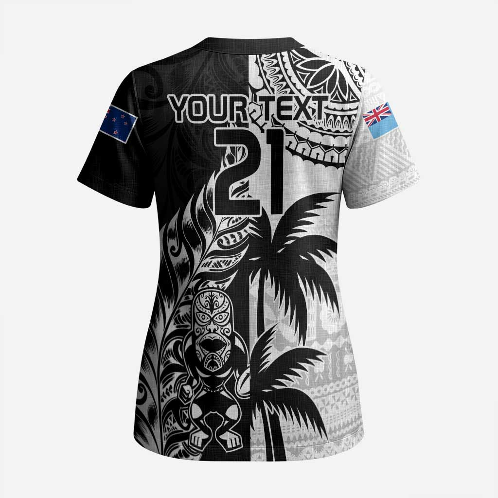 Fiji New Zealand Rugby Personalised Scrub Top Maori and Tapa Pattern - Aussie Hoodie