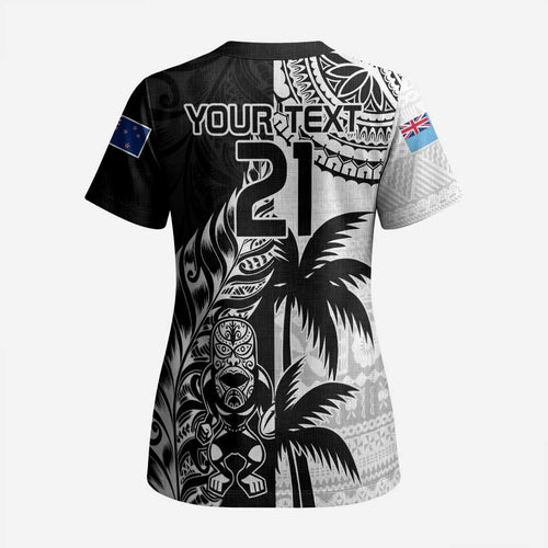Fiji New Zealand Rugby Personalised Scrub Top Maori and Tapa Pattern - Aussie Hoodie