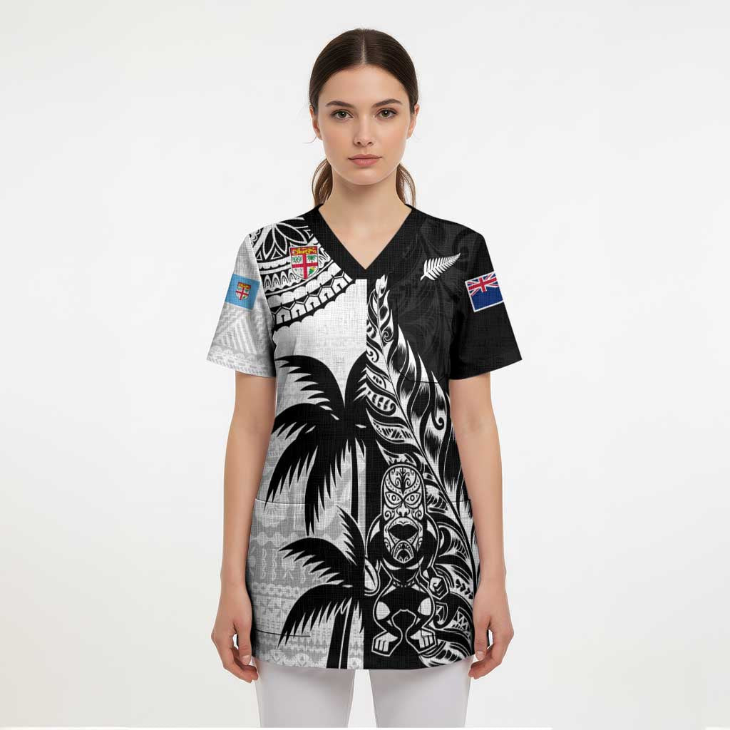 Fiji New Zealand Rugby Personalised Scrub Top Maori and Tapa Pattern - Aussie Hoodie