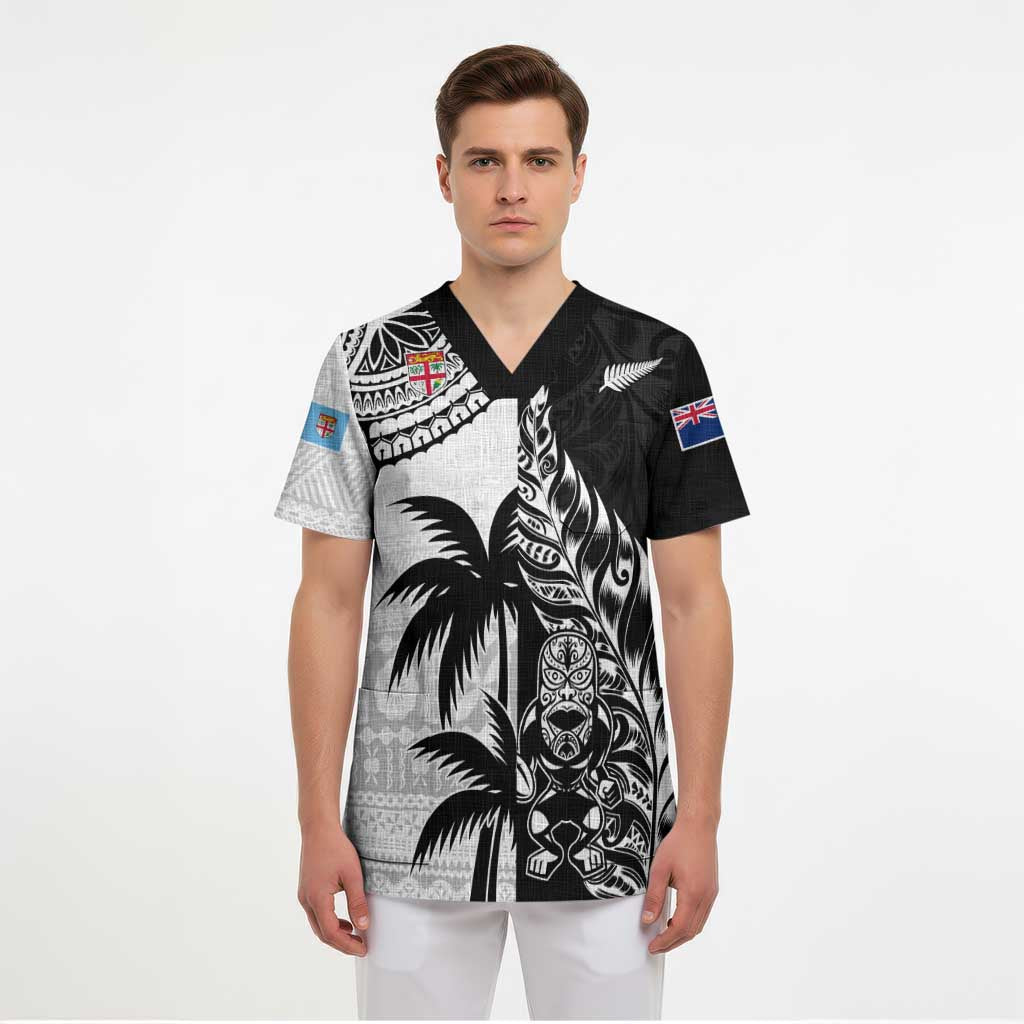 Fiji New Zealand Rugby Personalised Scrub Top Maori and Tapa Pattern - Aussie Hoodie