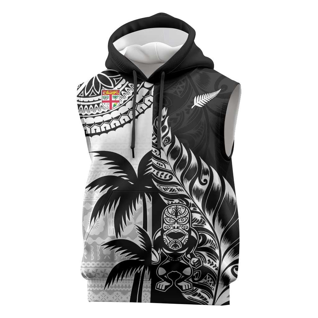 Fiji New Zealand Rugby Personalised Sleeveless Hoodie Maori and Tapa Pattern - Aussie Hoodie