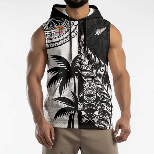 Fiji New Zealand Rugby Personalised Sleeveless Hoodie Maori and Tapa Pattern - Aussie Hoodie