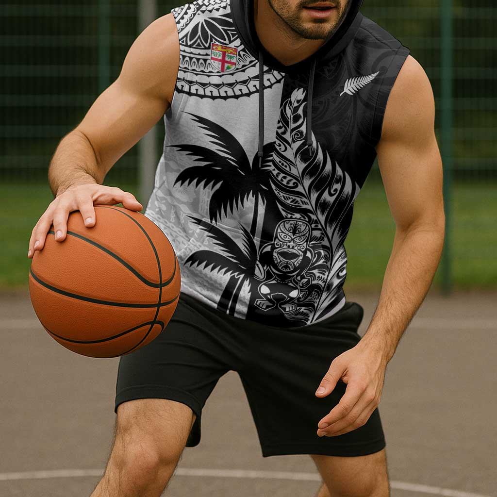 Fiji New Zealand Rugby Personalised Sleeveless Hoodie Maori and Tapa Pattern - Aussie Hoodie