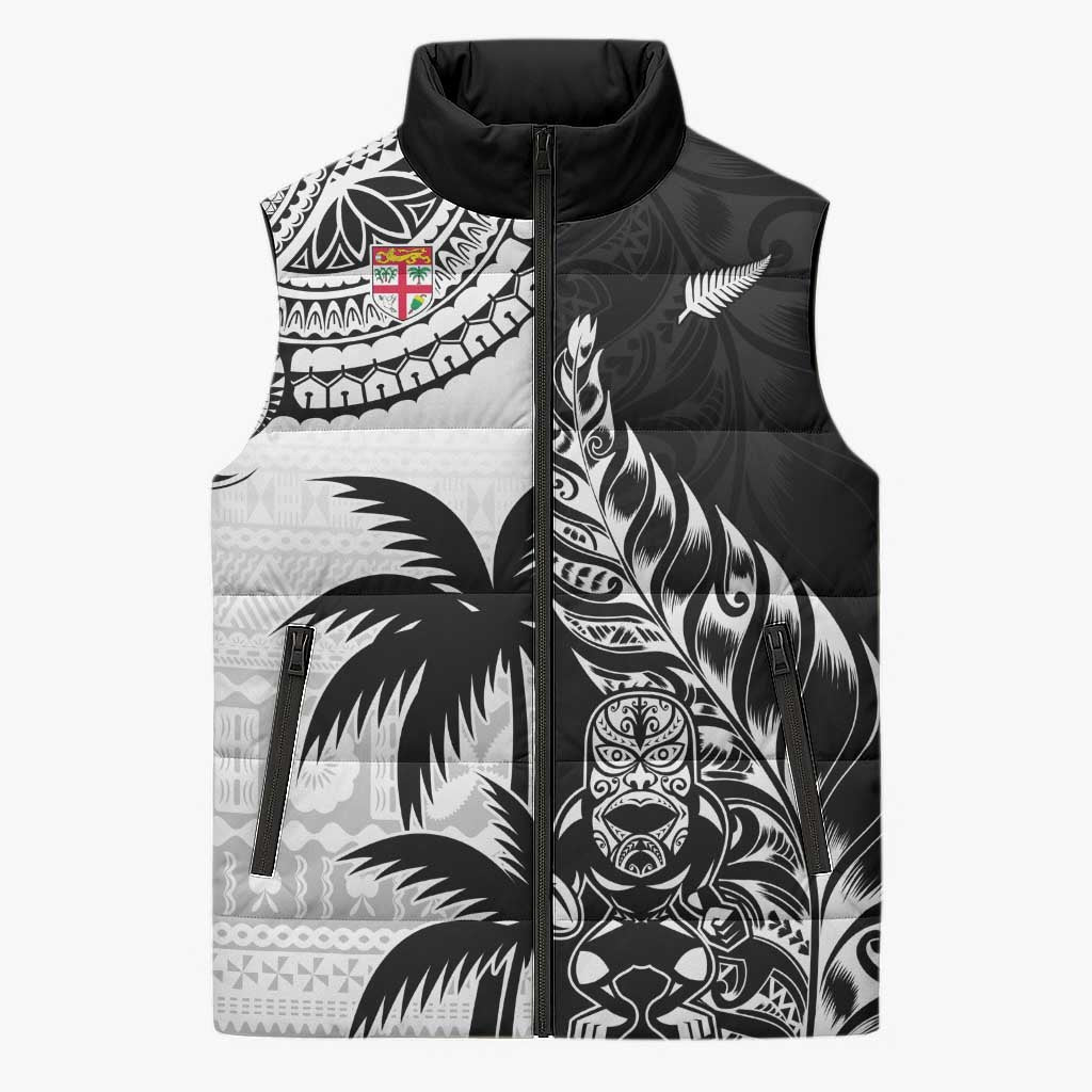 Fiji New Zealand Rugby Personalised Sleeveless Puffer Jacket Maori and Tapa Pattern - Aussie Hoodie