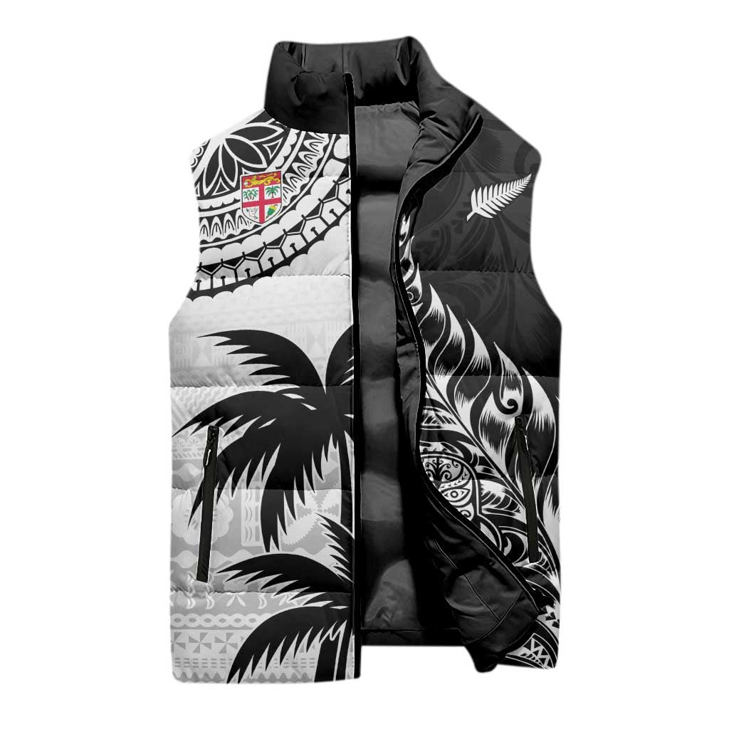 Fiji New Zealand Rugby Personalised Sleeveless Puffer Jacket Maori and Tapa Pattern - Aussie Hoodie