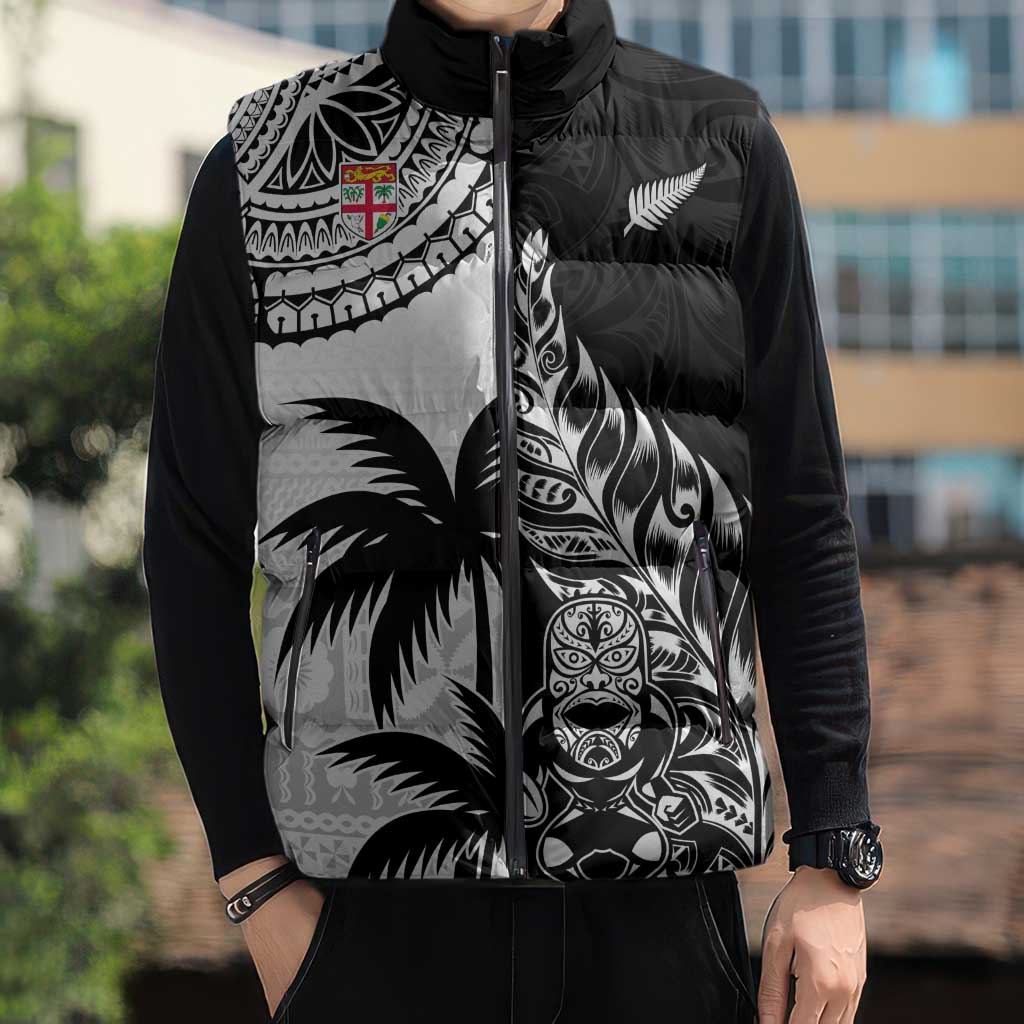 Fiji New Zealand Rugby Personalised Sleeveless Puffer Jacket Maori and Tapa Pattern - Aussie Hoodie