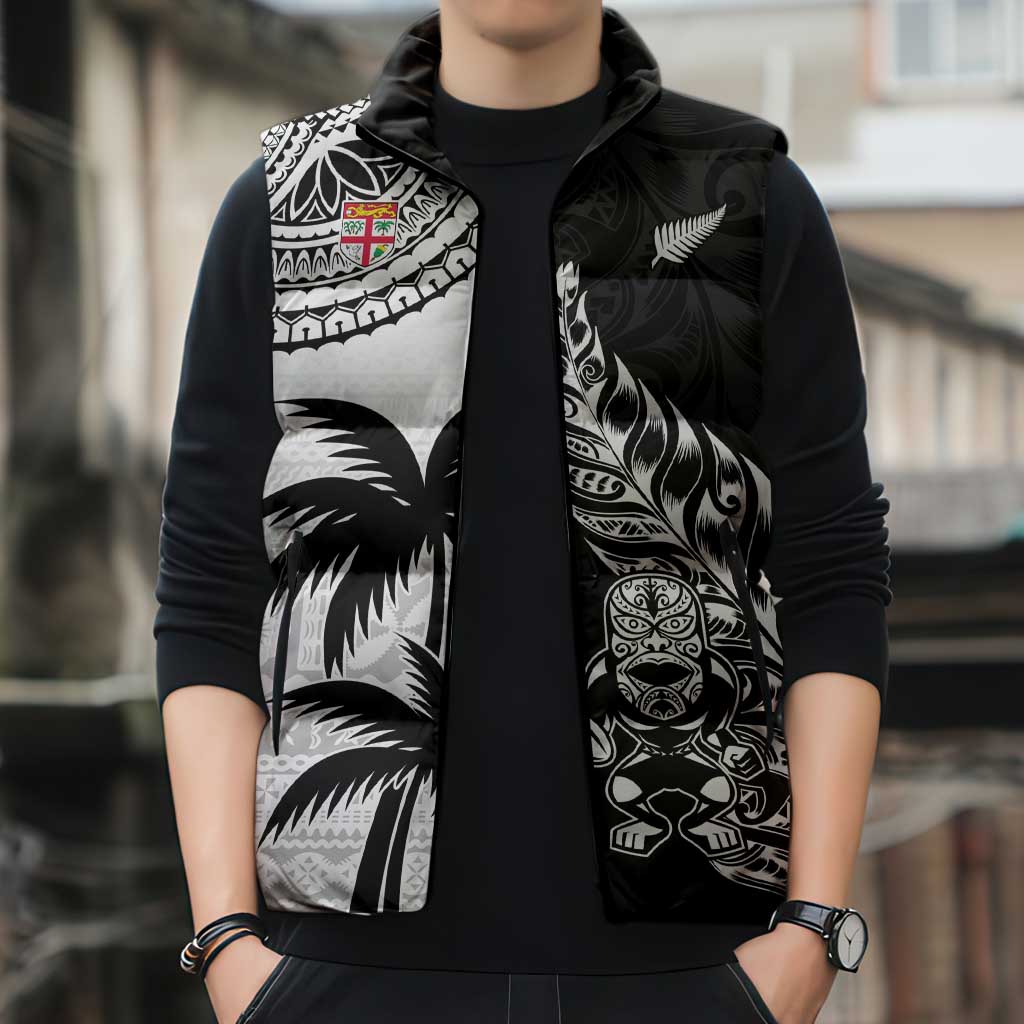 Fiji New Zealand Rugby Personalised Sleeveless Puffer Jacket Maori and Tapa Pattern - Aussie Hoodie