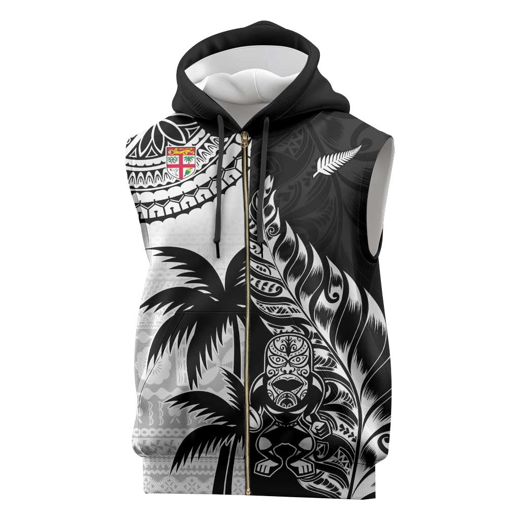 Fiji New Zealand Rugby Personalised Sleeveless Zip Hoodie Maori and Tapa Pattern - Aussie Hoodie