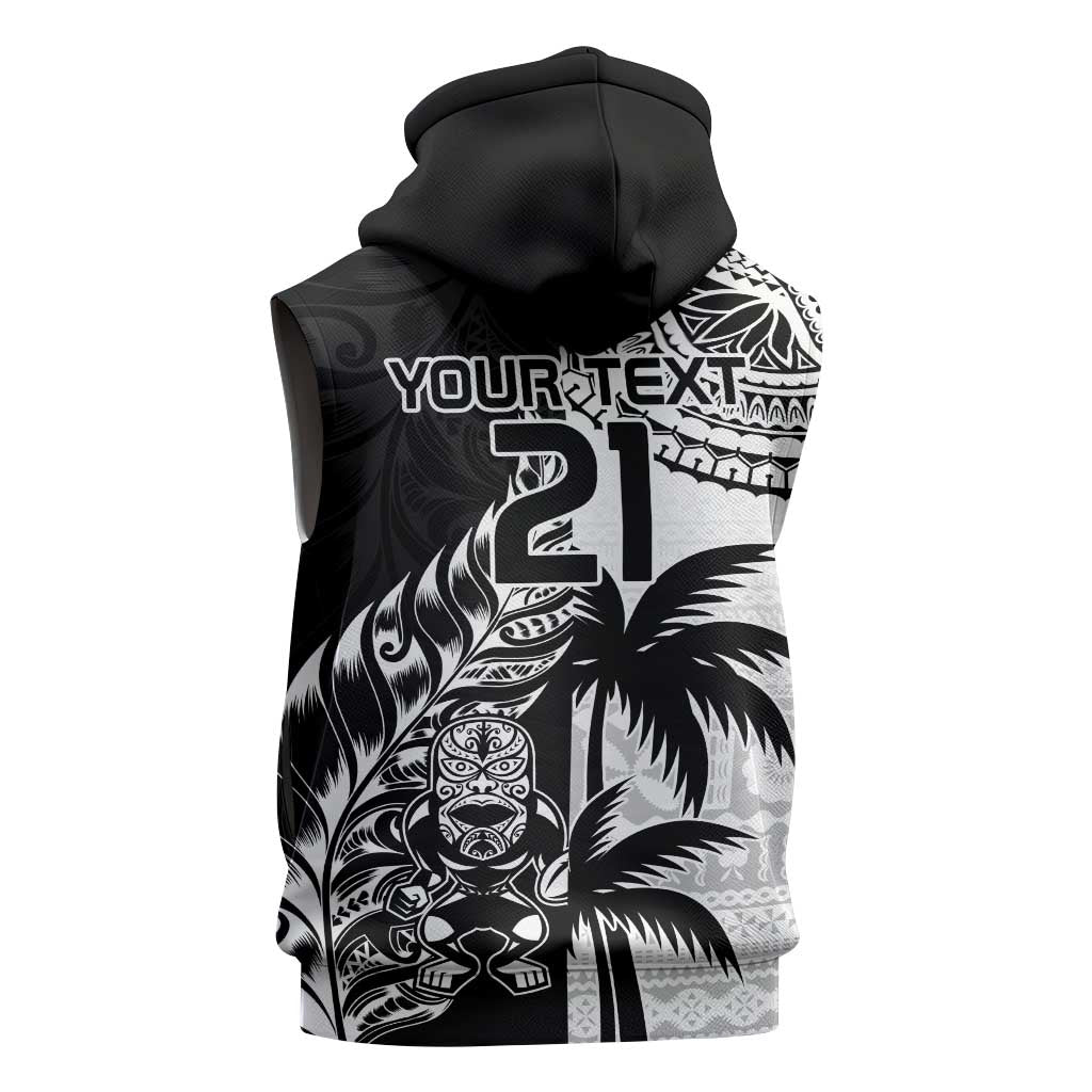 Fiji New Zealand Rugby Personalised Sleeveless Zip Hoodie Maori and Tapa Pattern LT9