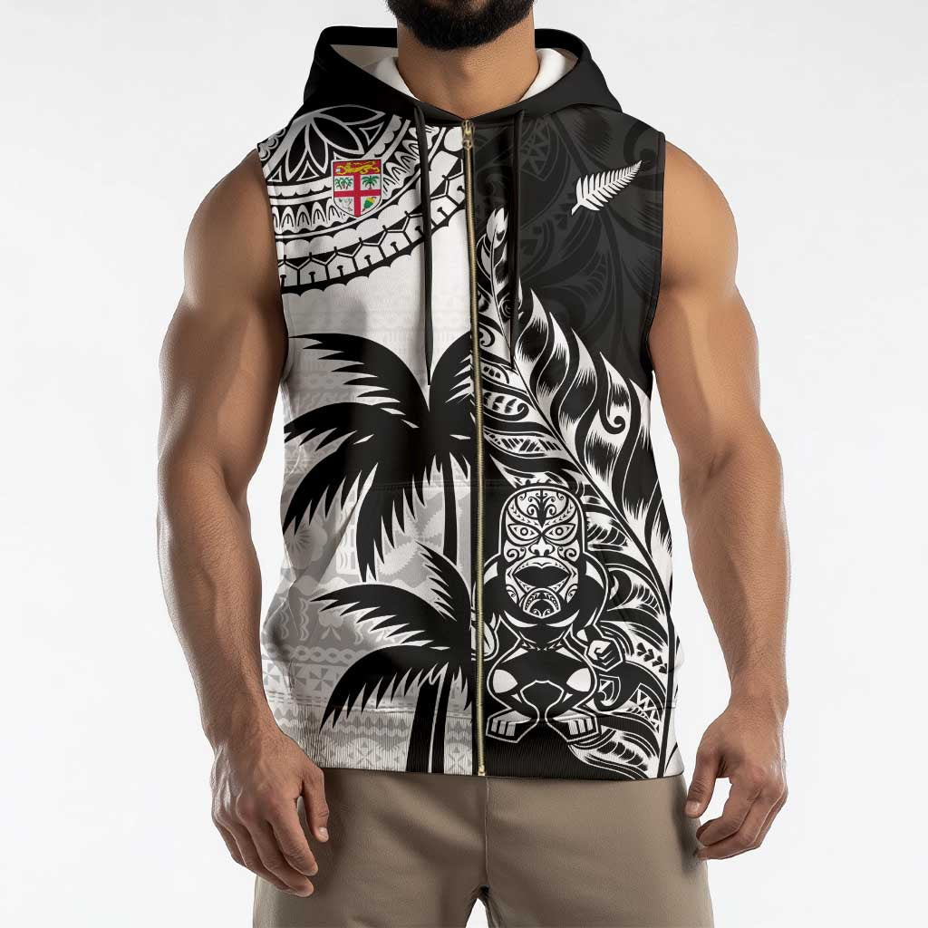 Fiji New Zealand Rugby Personalised Sleeveless Zip Hoodie Maori and Tapa Pattern - Aussie Hoodie