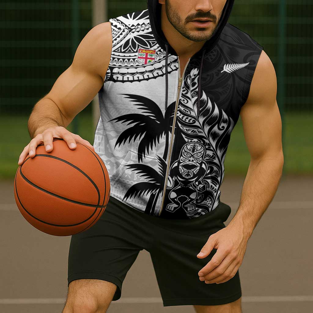 Fiji New Zealand Rugby Personalised Sleeveless Zip Hoodie Maori and Tapa Pattern - Aussie Hoodie