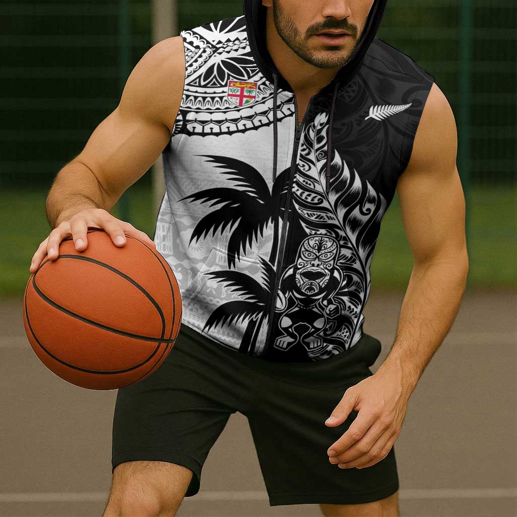 Fiji New Zealand Rugby Personalised Sleeveless Zip Hoodie Maori and Tapa Pattern LT9