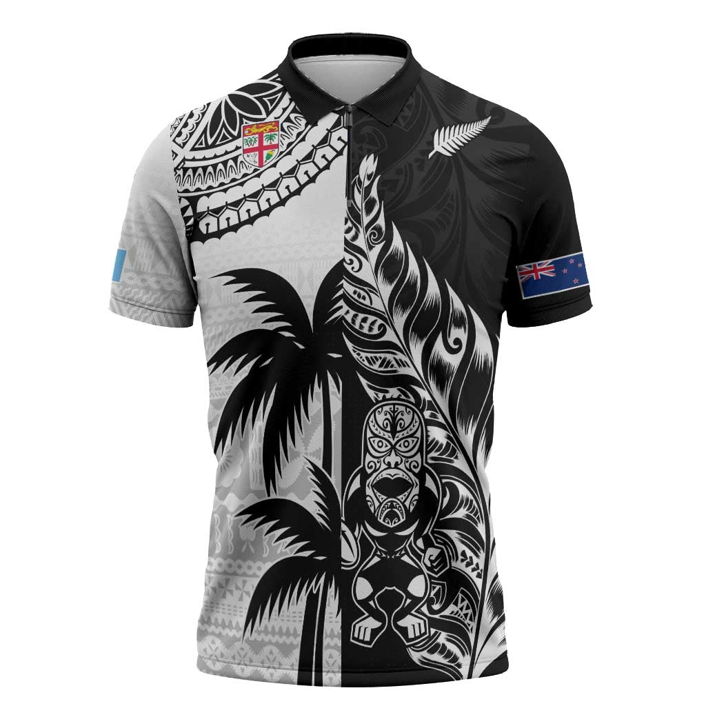 Fiji New Zealand Rugby Personalised Zipper Polo Shirt Maori and Tapa Pattern - Aussie Hoodie