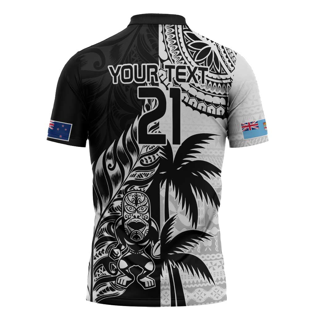 Fiji New Zealand Rugby Personalised Zipper Polo Shirt Maori and Tapa Pattern - Aussie Hoodie