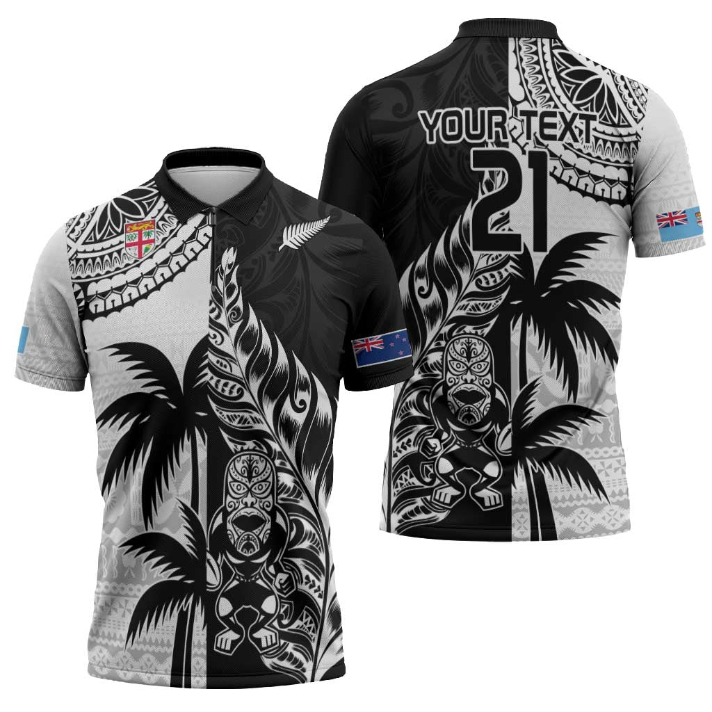 Fiji New Zealand Rugby Personalised Zipper Polo Shirt Maori and Tapa Pattern - Aussie Hoodie