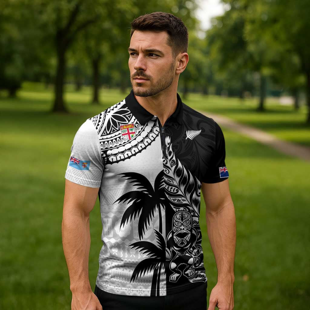 Fiji New Zealand Rugby Personalised Zipper Polo Shirt Maori and Tapa Pattern - Aussie Hoodie