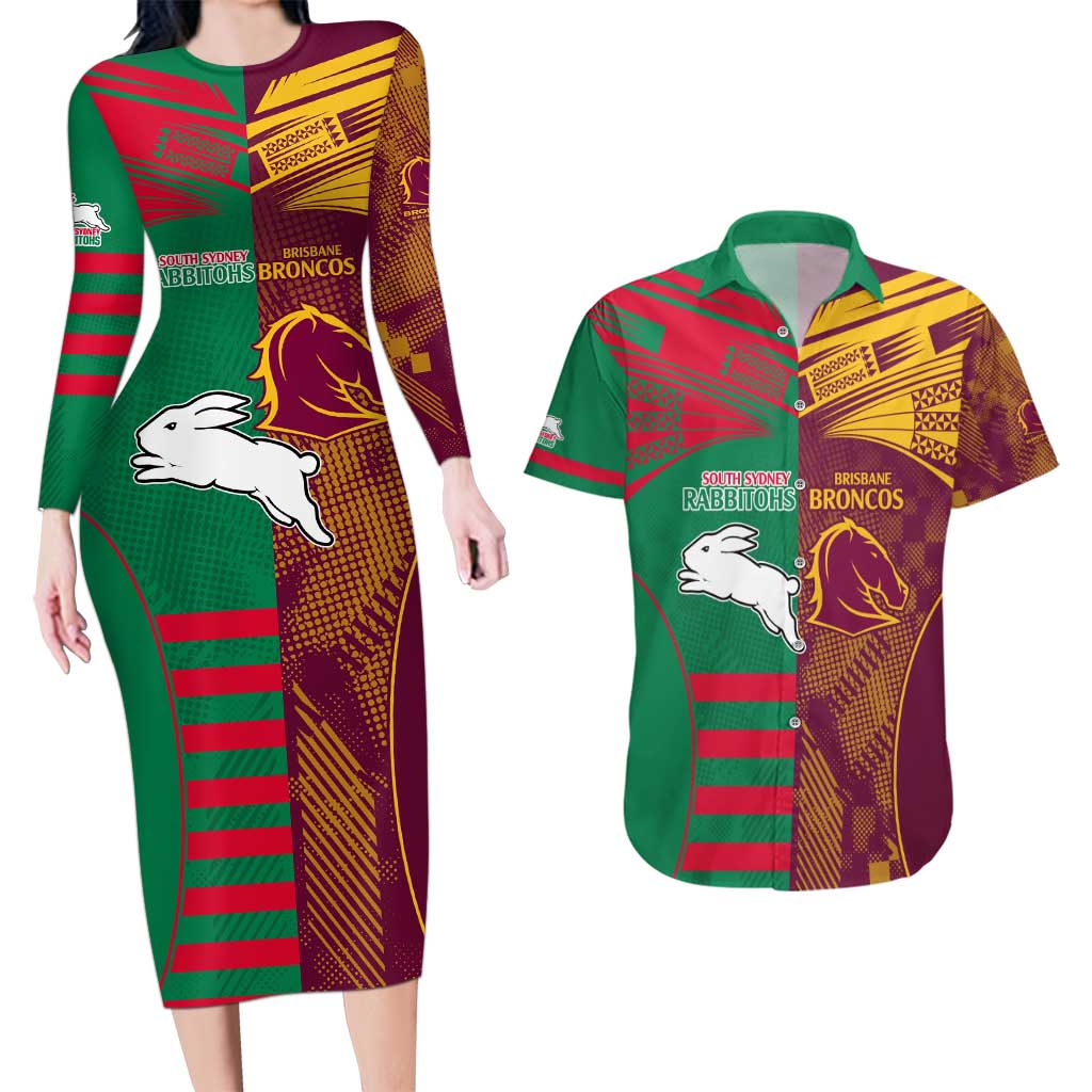 Custom NRL Rabbitohs and Broncos Couples Matching Long Sleeve Bodycon Dress and Hawaiian Shirt Sporty Style