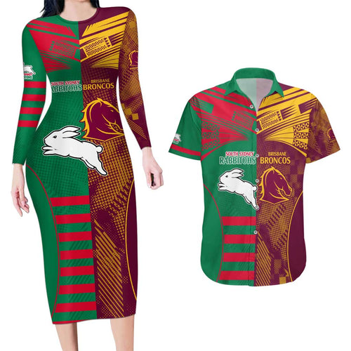 Custom NRL Rabbitohs and Broncos Couples Matching Long Sleeve Bodycon Dress and Hawaiian Shirt Sporty Style