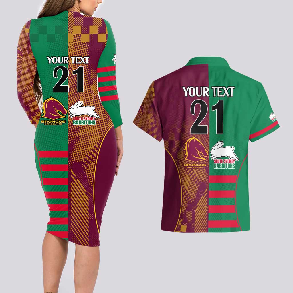 Custom NRL Rabbitohs and Broncos Couples Matching Long Sleeve Bodycon Dress and Hawaiian Shirt Sporty Style