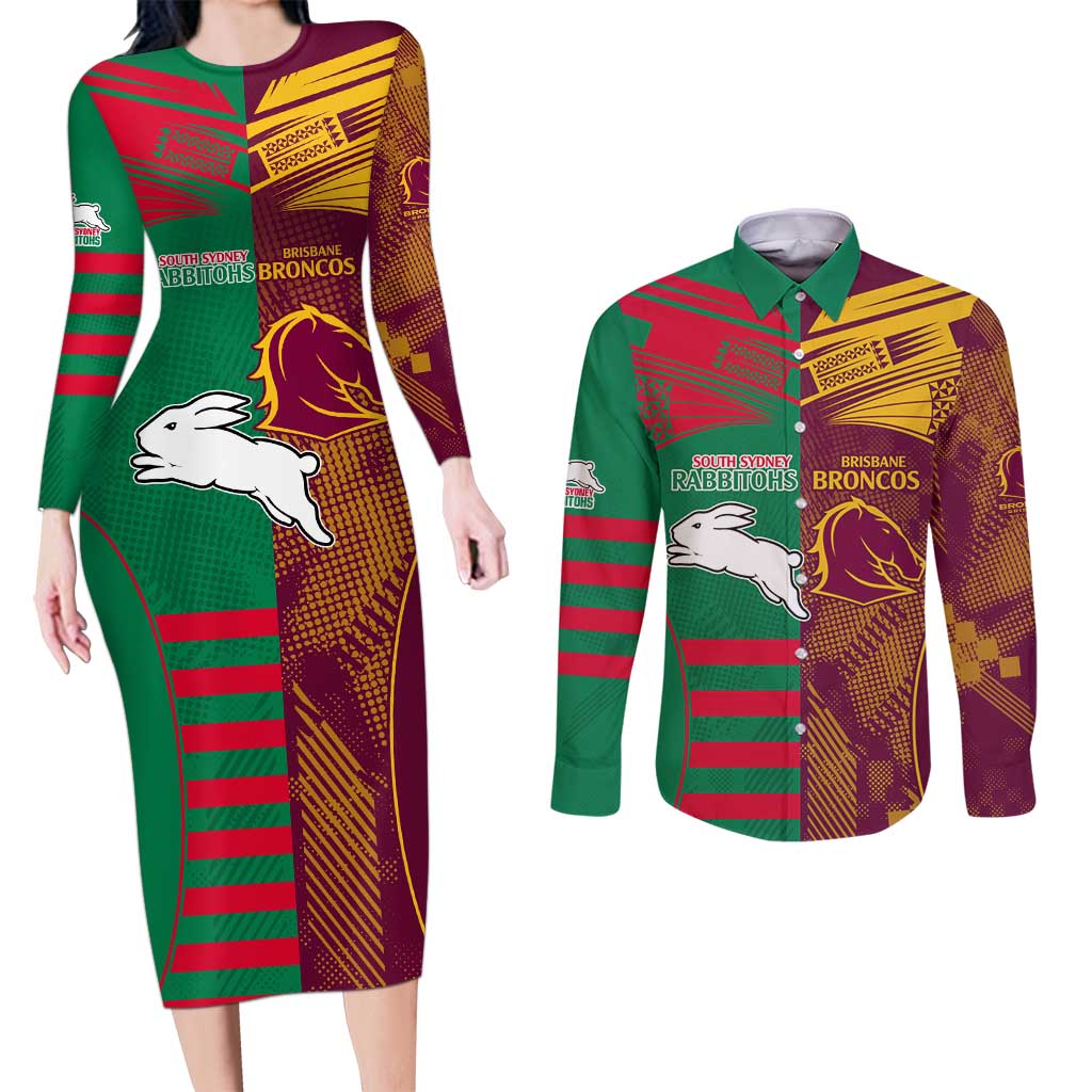 Custom NRL Rabbitohs and Broncos Couples Matching Long Sleeve Bodycon Dress and Long Sleeve Button Shirt Sporty Style