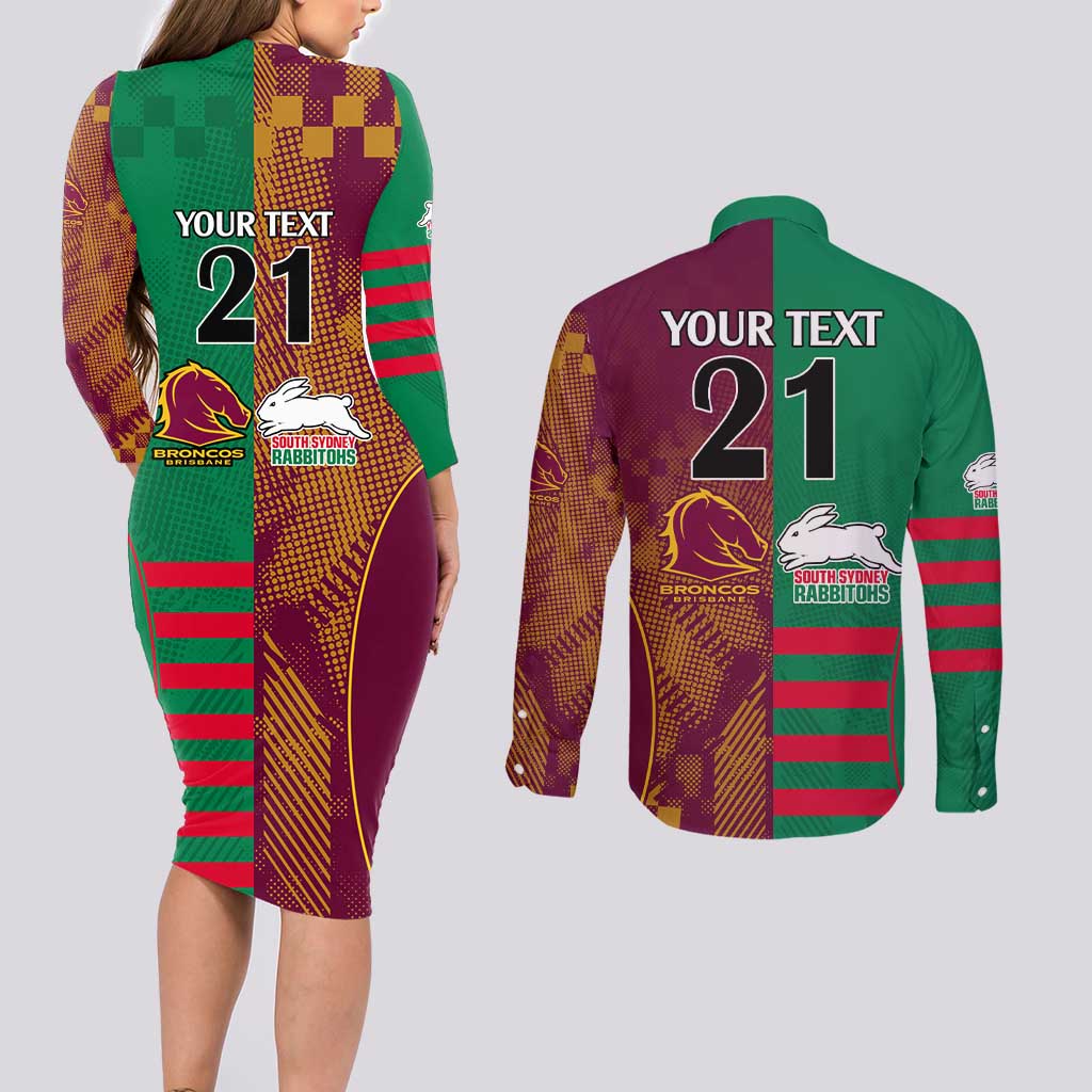 Custom NRL Rabbitohs and Broncos Couples Matching Long Sleeve Bodycon Dress and Long Sleeve Button Shirt Sporty Style