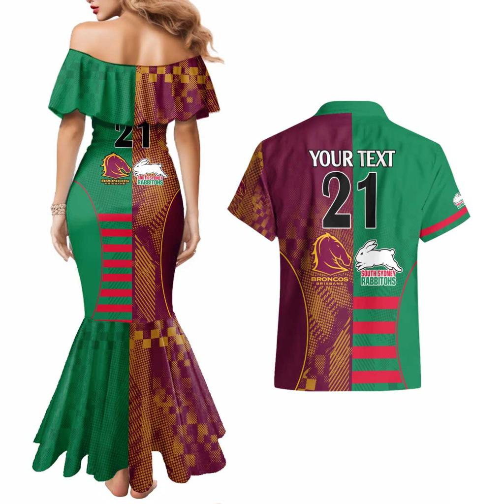 Custom NRL Rabbitohs and Broncos Couples Matching Mermaid Dress and Hawaiian Shirt Sporty Style