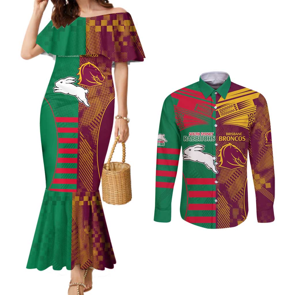 Custom NRL Rabbitohs and Broncos Couples Matching Mermaid Dress and Long Sleeve Button Shirt Sporty Style