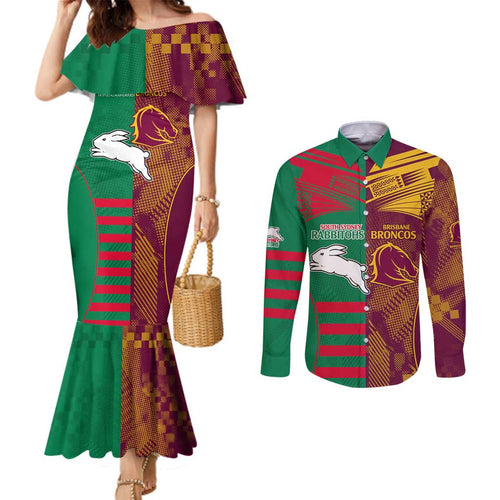 Custom NRL Rabbitohs and Broncos Couples Matching Mermaid Dress and Long Sleeve Button Shirt Sporty Style