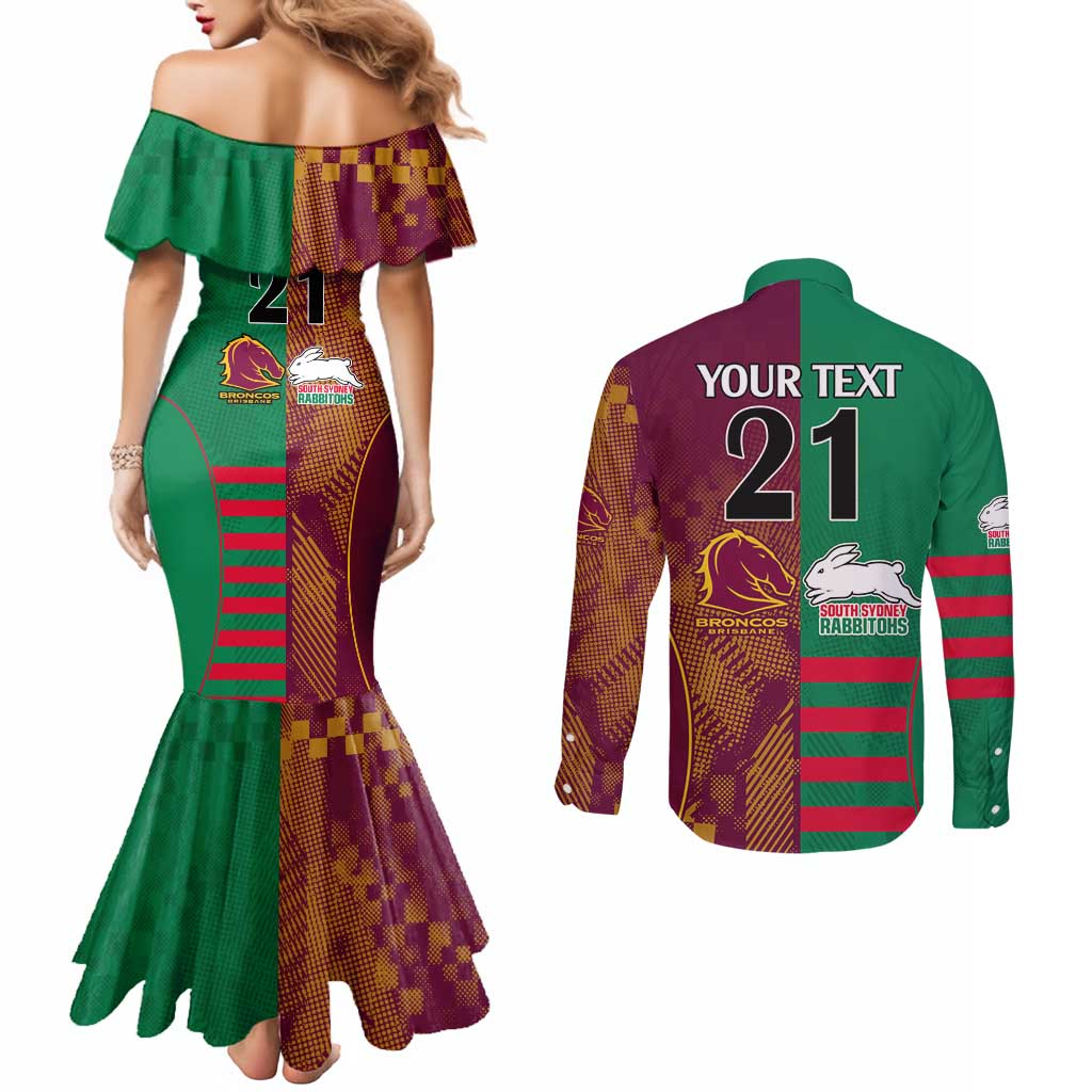 Custom NRL Rabbitohs and Broncos Couples Matching Mermaid Dress and Long Sleeve Button Shirt Sporty Style