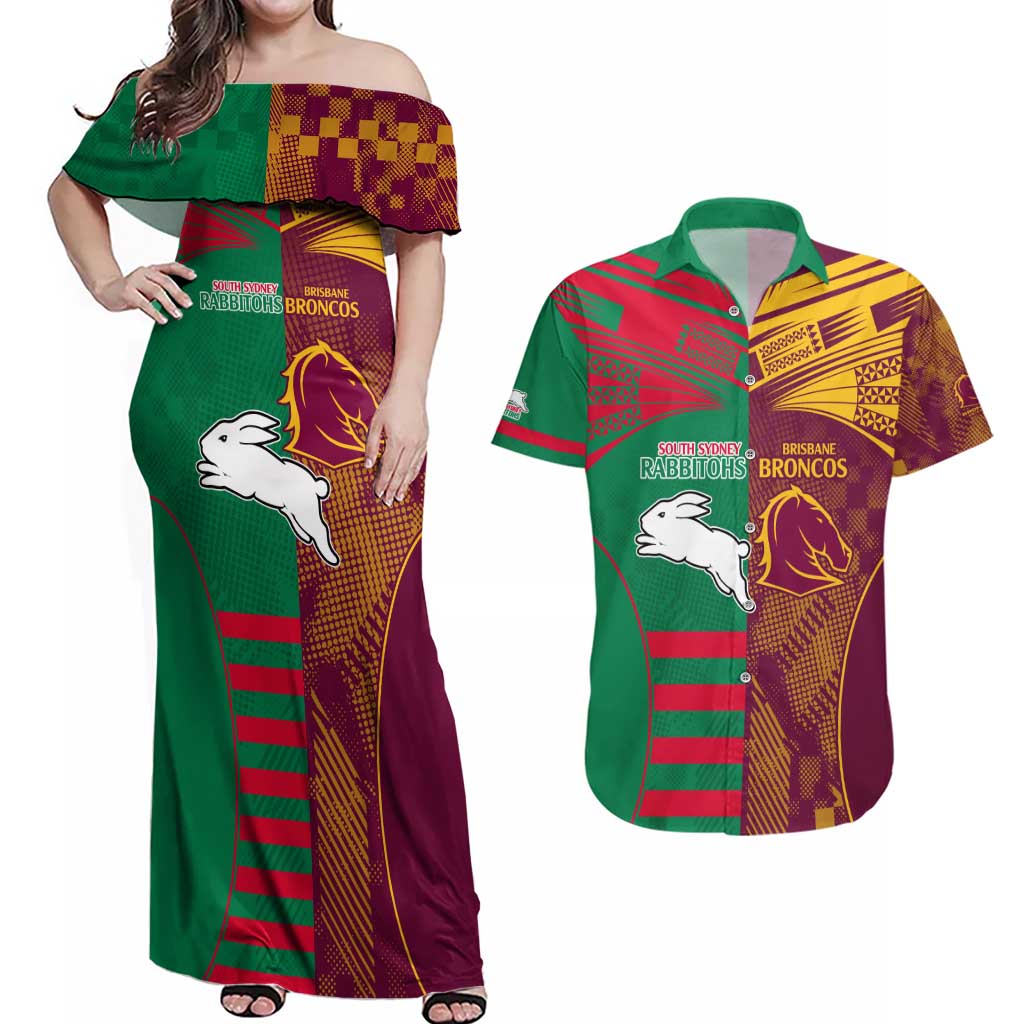 Custom NRL Rabbitohs and Broncos Couples Matching Off Shoulder Maxi Dress and Hawaiian Shirt Sporty Style