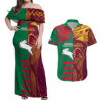 Custom NRL Rabbitohs and Broncos Couples Matching Off Shoulder Maxi Dress and Hawaiian Shirt Sporty Style