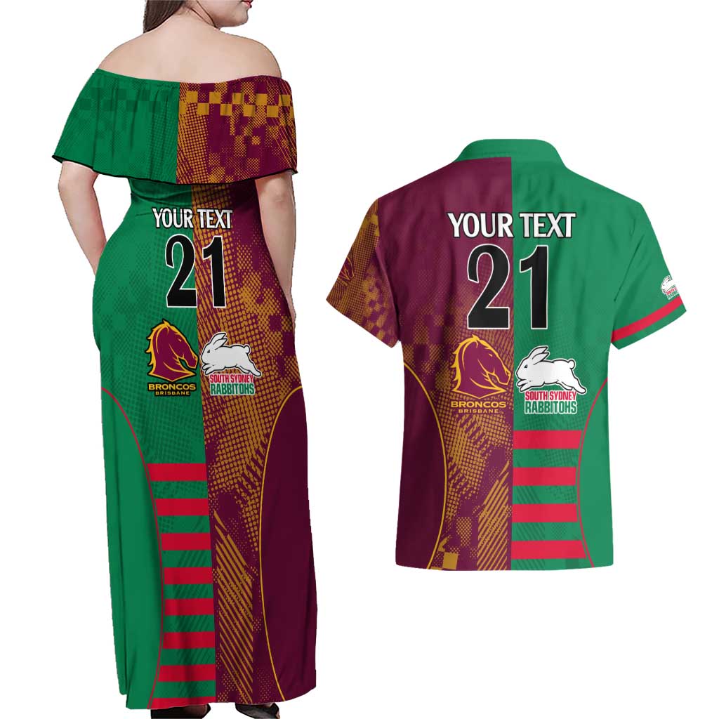 Custom NRL Rabbitohs and Broncos Couples Matching Off Shoulder Maxi Dress and Hawaiian Shirt Sporty Style