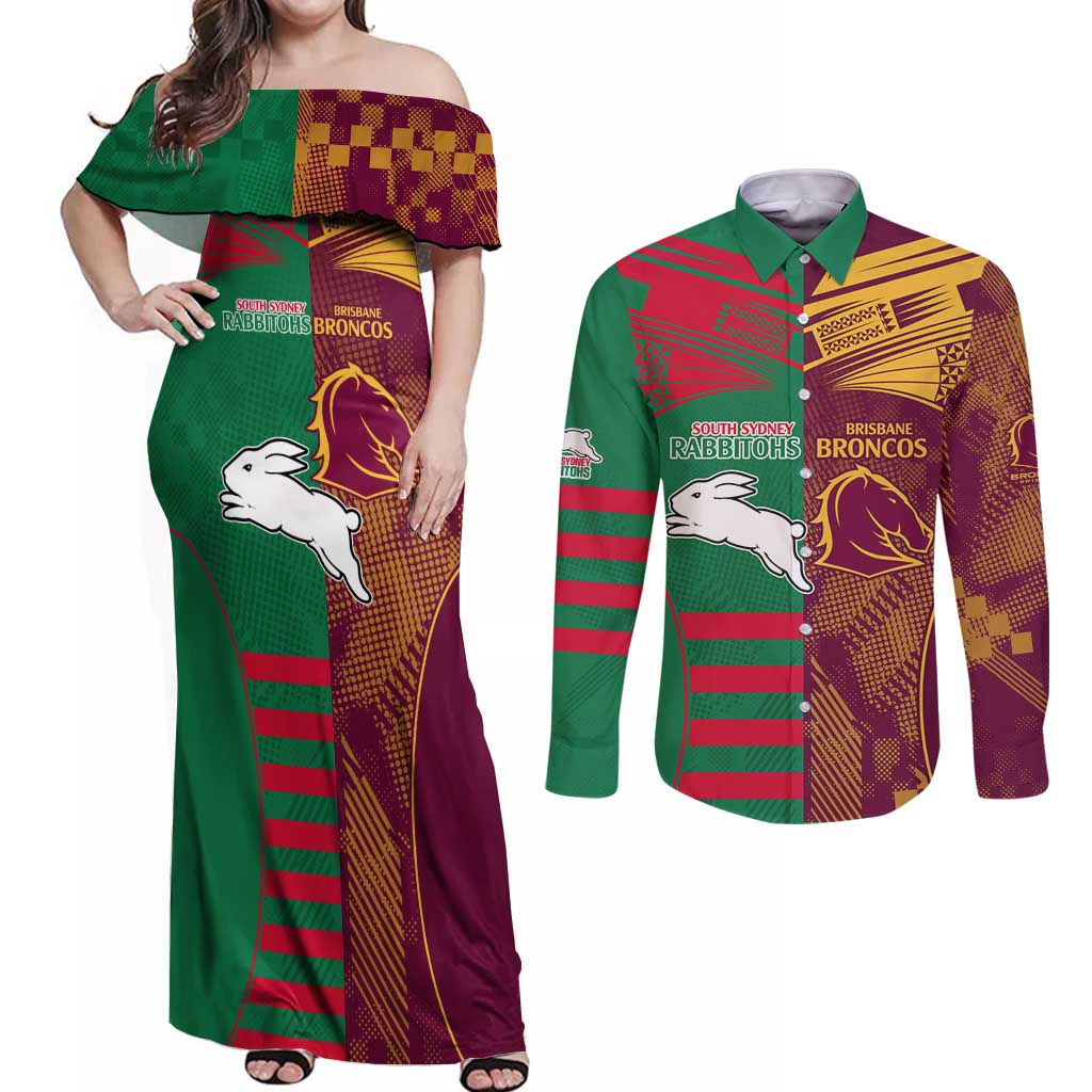 Custom NRL Rabbitohs and Broncos Couples Matching Off Shoulder Maxi Dress and Long Sleeve Button Shirt Sporty Style