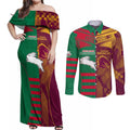 Custom NRL Rabbitohs and Broncos Couples Matching Off Shoulder Maxi Dress and Long Sleeve Button Shirt Sporty Style
