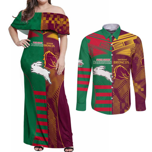 Custom NRL Rabbitohs and Broncos Couples Matching Off Shoulder Maxi Dress and Long Sleeve Button Shirt Sporty Style