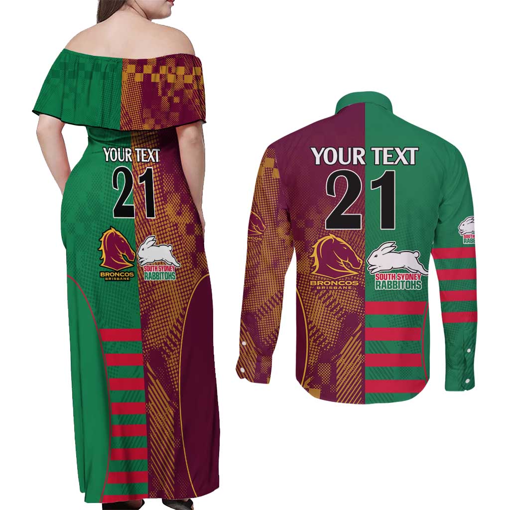 Custom NRL Rabbitohs and Broncos Couples Matching Off Shoulder Maxi Dress and Long Sleeve Button Shirt Sporty Style