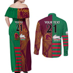 Custom NRL Rabbitohs and Broncos Couples Matching Off Shoulder Maxi Dress and Long Sleeve Button Shirt Sporty Style