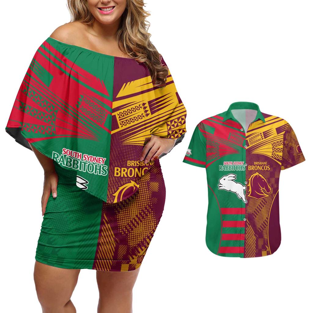 Custom NRL Rabbitohs and Broncos Couples Matching Off Shoulder Short Dress and Hawaiian Shirt Sporty Style