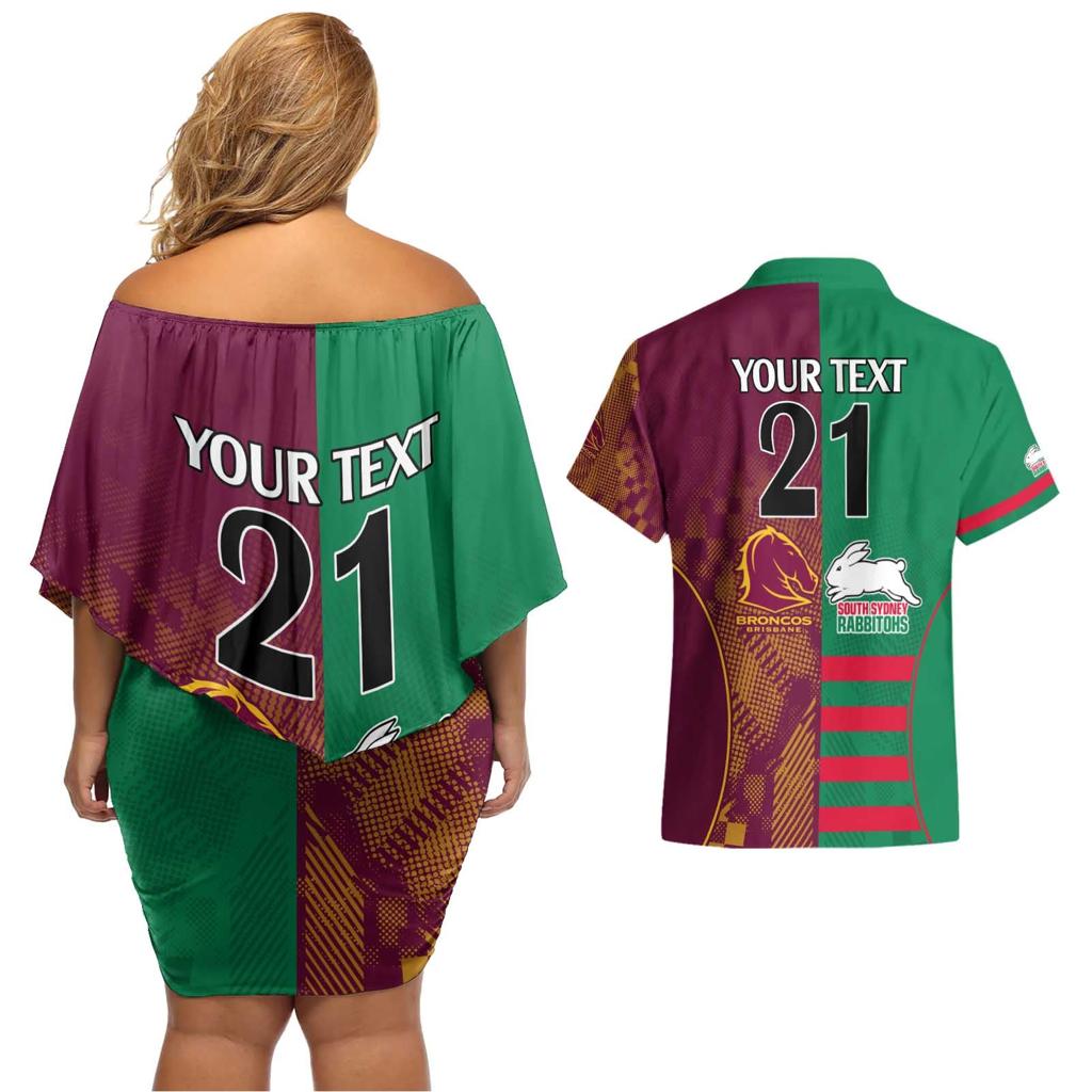 Custom NRL Rabbitohs and Broncos Couples Matching Off Shoulder Short Dress and Hawaiian Shirt Sporty Style