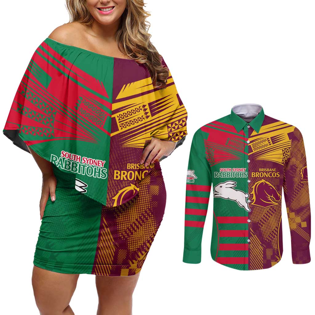 Custom NRL Rabbitohs and Broncos Couples Matching Off Shoulder Short Dress and Long Sleeve Button Shirt Sporty Style