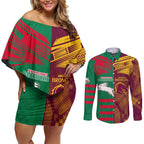 Custom NRL Rabbitohs and Broncos Couples Matching Off Shoulder Short Dress and Long Sleeve Button Shirt Sporty Style